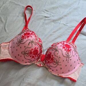 Victoria's Secret Pink and Red Embroidered Push-Up Bra